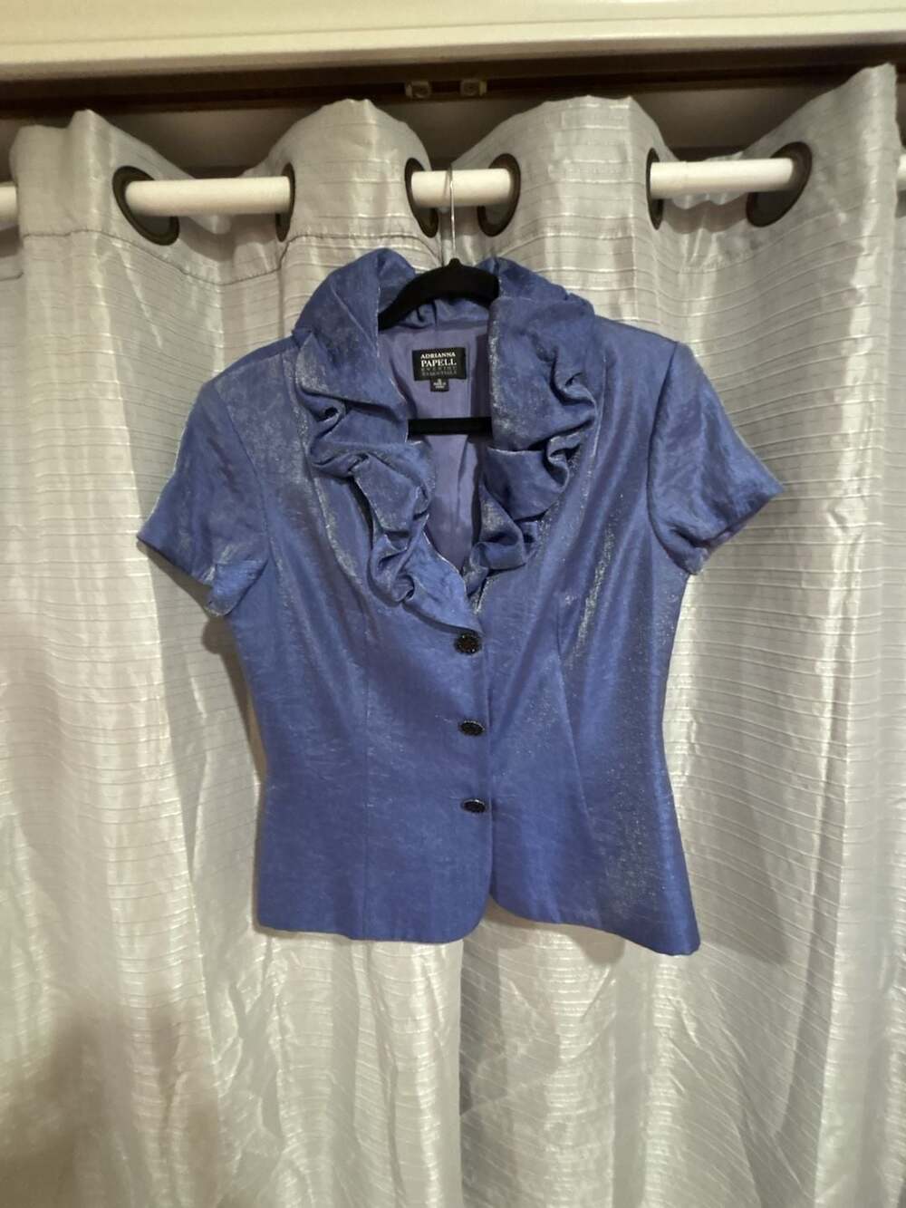 Adrianna Papell Evening Essentials Blue Iridescent Ruffled Collar Button Blouse